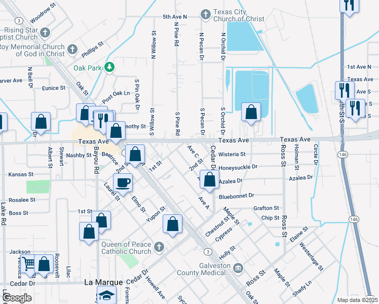 map of restaurants, bars, coffee shops, grocery stores, and more near 415 Avenue C in La Marque