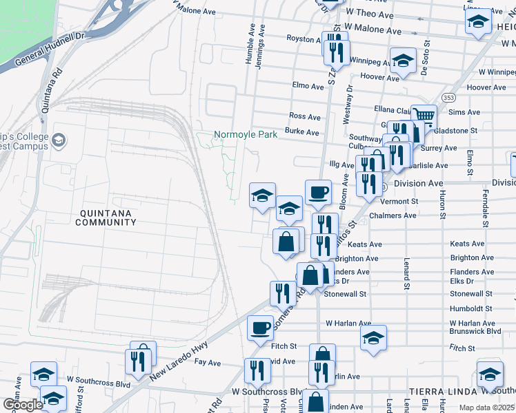 map of restaurants, bars, coffee shops, grocery stores, and more near 1807 Centennial Boulevard in San Antonio