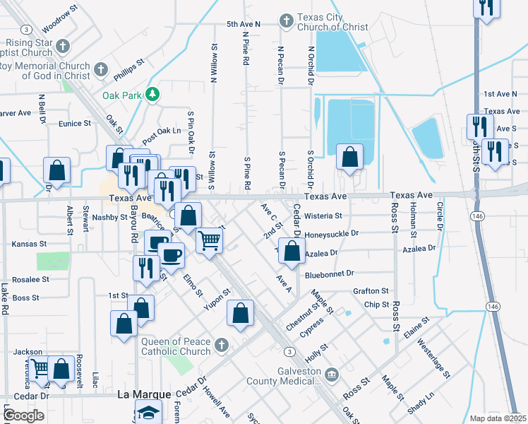 map of restaurants, bars, coffee shops, grocery stores, and more near 415 Avenue C in La Marque