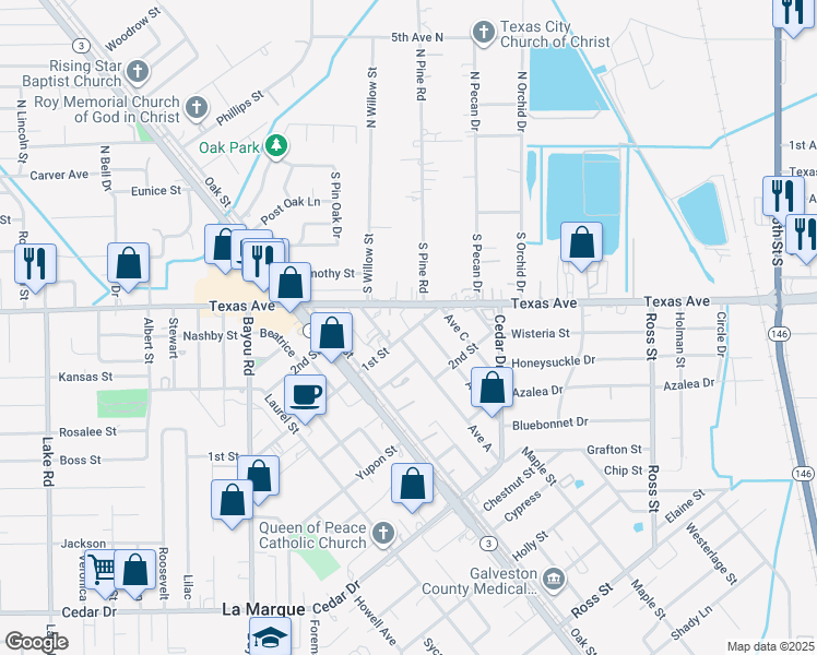 map of restaurants, bars, coffee shops, grocery stores, and more near 413 Avenue A in La Marque