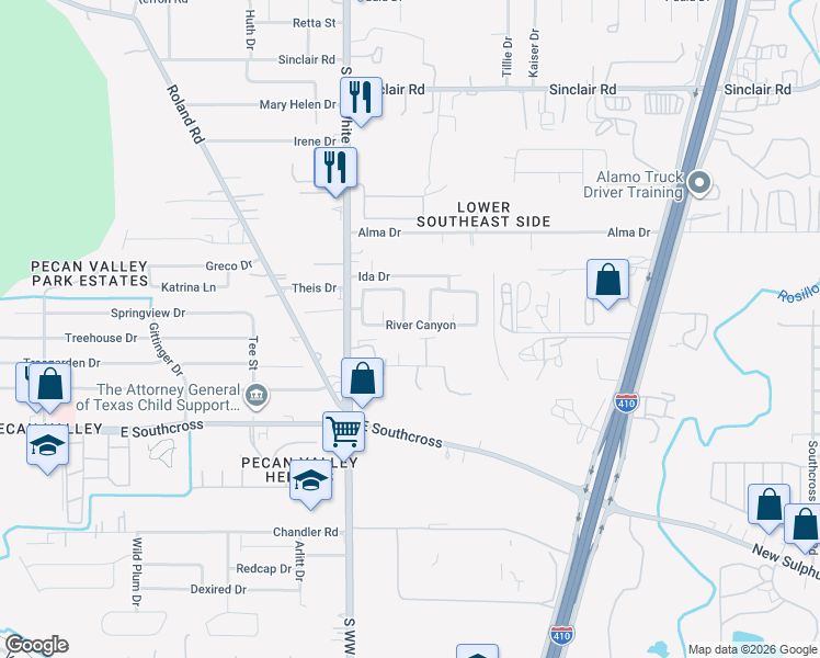 map of restaurants, bars, coffee shops, grocery stores, and more near 4615 Boldt Road in San Antonio