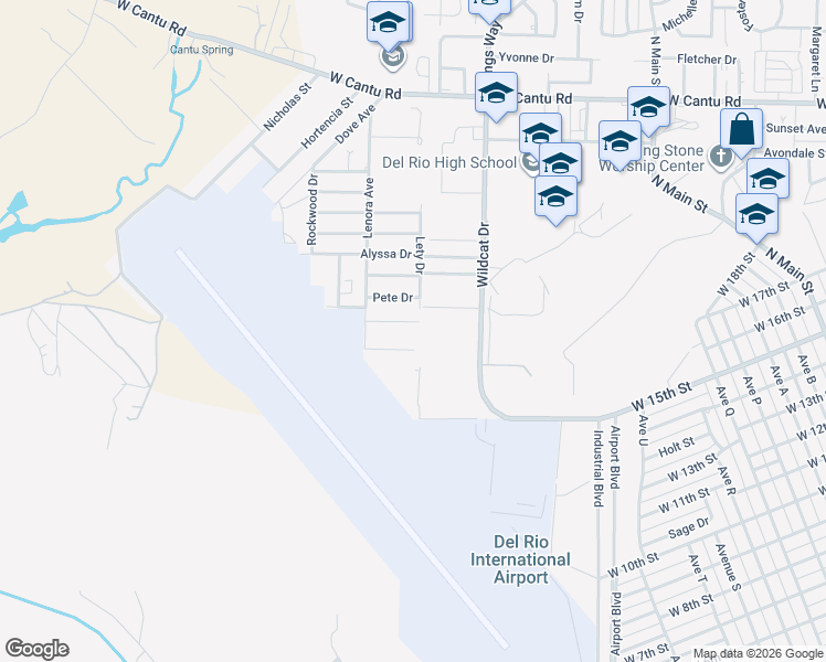 map of restaurants, bars, coffee shops, grocery stores, and more near 187 Wildcat Drive in Del Rio