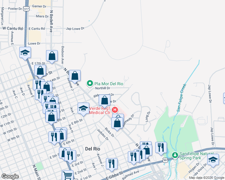 map of restaurants, bars, coffee shops, grocery stores, and more near 125 Ridgewood Drive in Del Rio