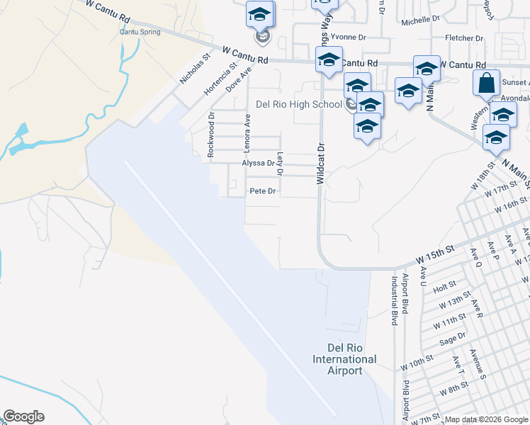 map of restaurants, bars, coffee shops, grocery stores, and more near 187 Wildcat Drive in Del Rio