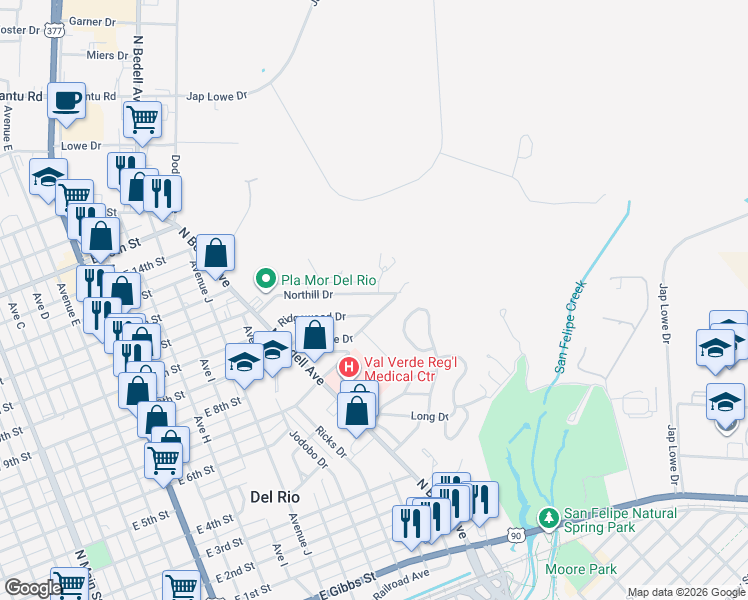 map of restaurants, bars, coffee shops, grocery stores, and more near 144 Northill Drive in Del Rio