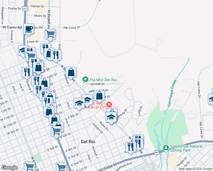 map of restaurants, bars, coffee shops, grocery stores, and more near 130 Northill Dr in Del Rio