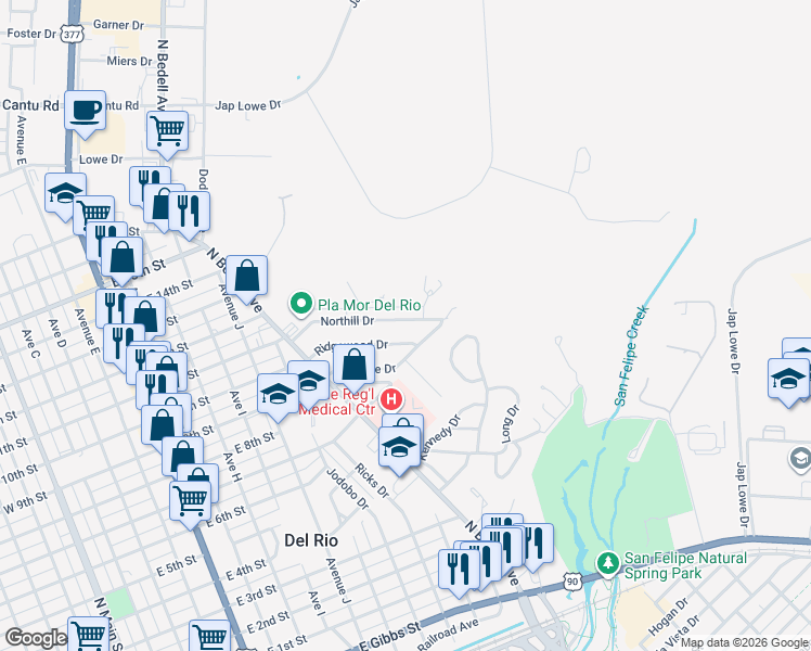 map of restaurants, bars, coffee shops, grocery stores, and more near 139 Northill Drive in Del Rio
