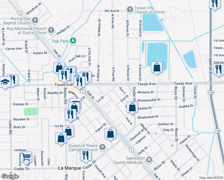 map of restaurants, bars, coffee shops, grocery stores, and more near in Texas City