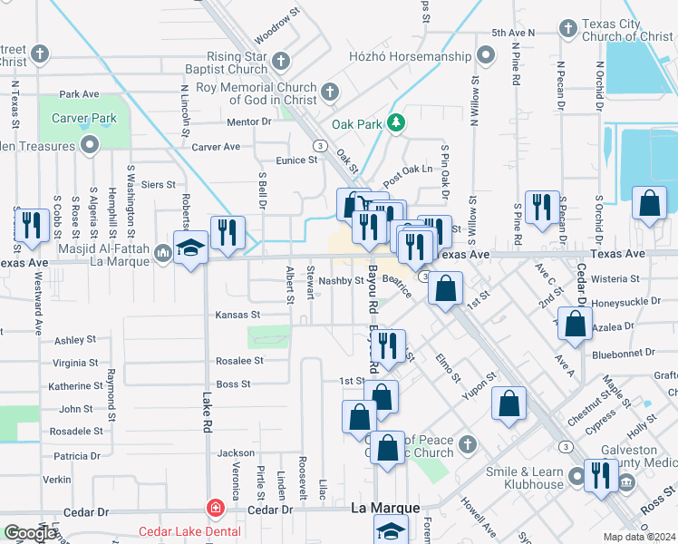 map of restaurants, bars, coffee shops, grocery stores, and more near 2101 Texas Avenue in La Marque
