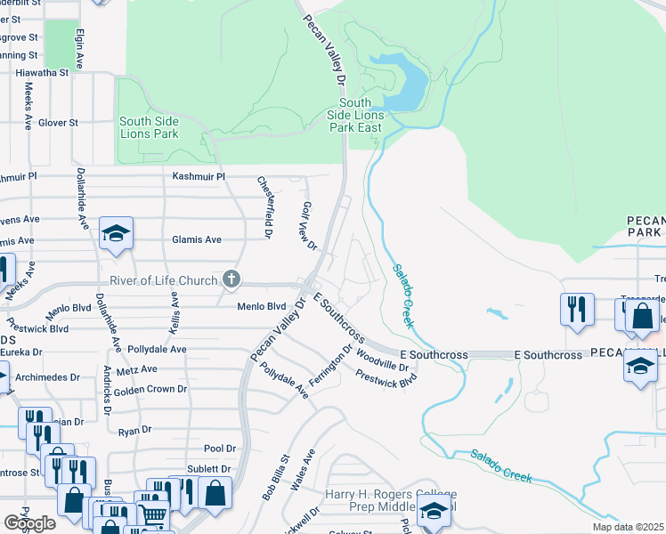 map of restaurants, bars, coffee shops, grocery stores, and more near 4600 Pecan Valley Drive in San Antonio