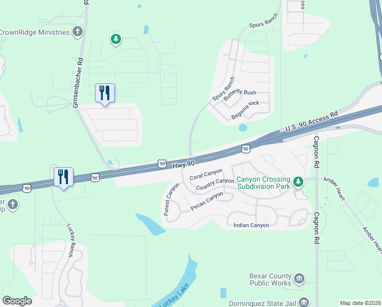 map of restaurants, bars, coffee shops, grocery stores, and more near Spurs Ranch in San Antonio