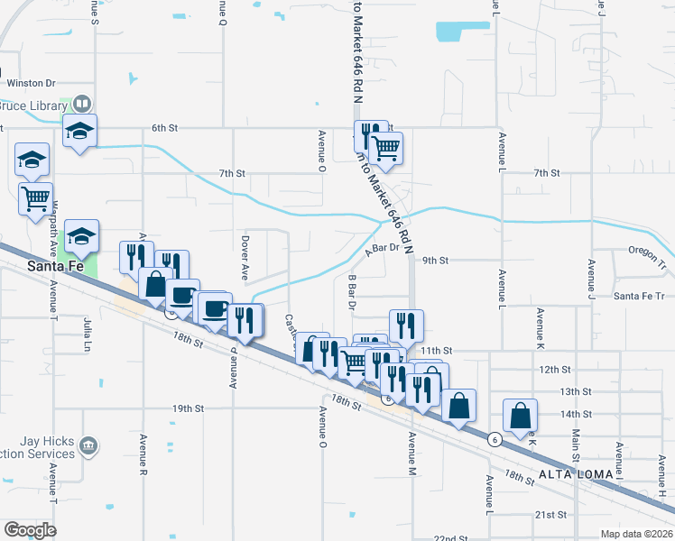 map of restaurants, bars, coffee shops, grocery stores, and more near 12526 A Bar Drive in Santa Fe