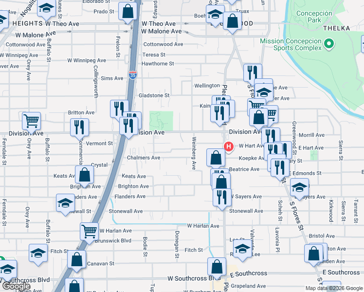 map of restaurants, bars, coffee shops, grocery stores, and more near 422 Division Avenue in San Antonio