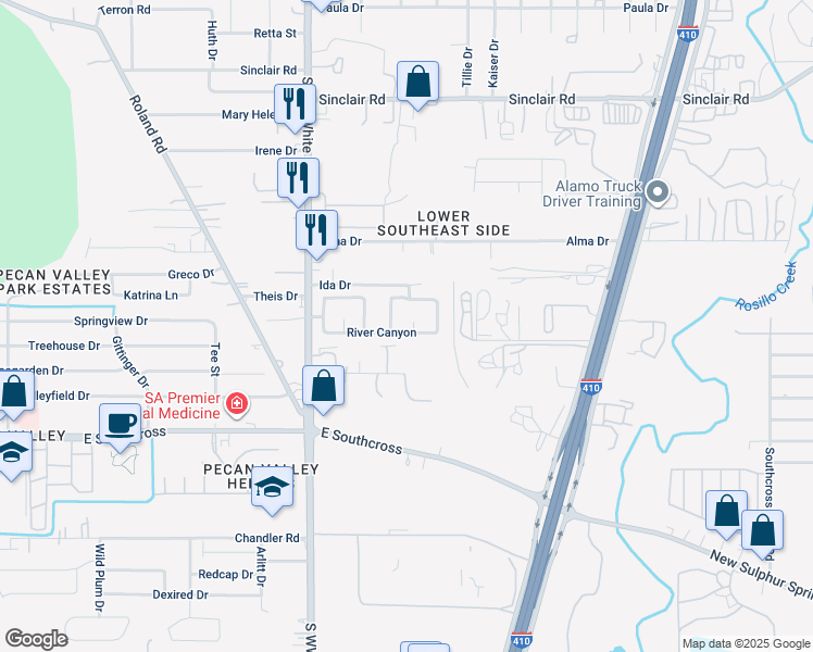 map of restaurants, bars, coffee shops, grocery stores, and more near 4619 River Fork in San Antonio