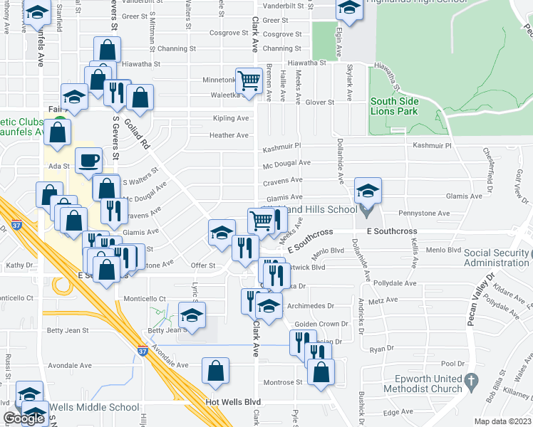 map of restaurants, bars, coffee shops, grocery stores, and more near 411 Pennystone Avenue in San Antonio