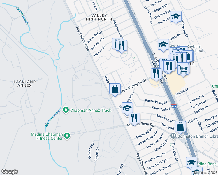 map of restaurants, bars, coffee shops, grocery stores, and more near 5415 Duke Field in San Antonio