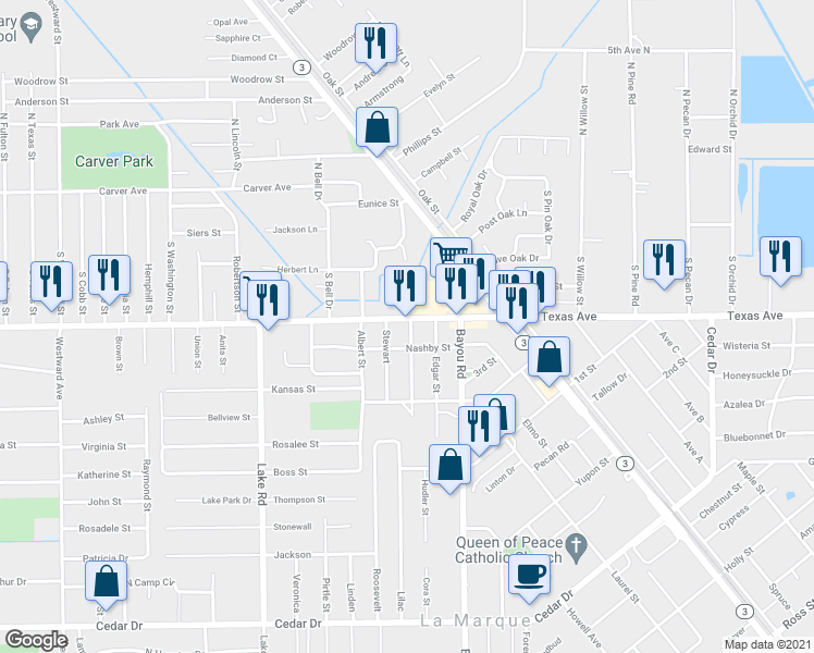 map of restaurants, bars, coffee shops, grocery stores, and more near 2101 Texas Ave in La Marque