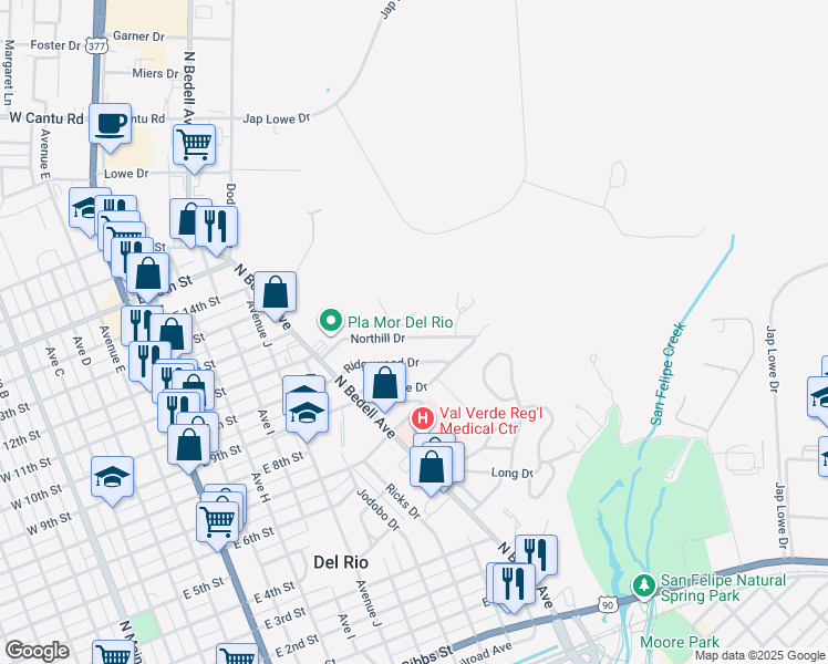 map of restaurants, bars, coffee shops, grocery stores, and more near 130 Northill Drive in Del Rio