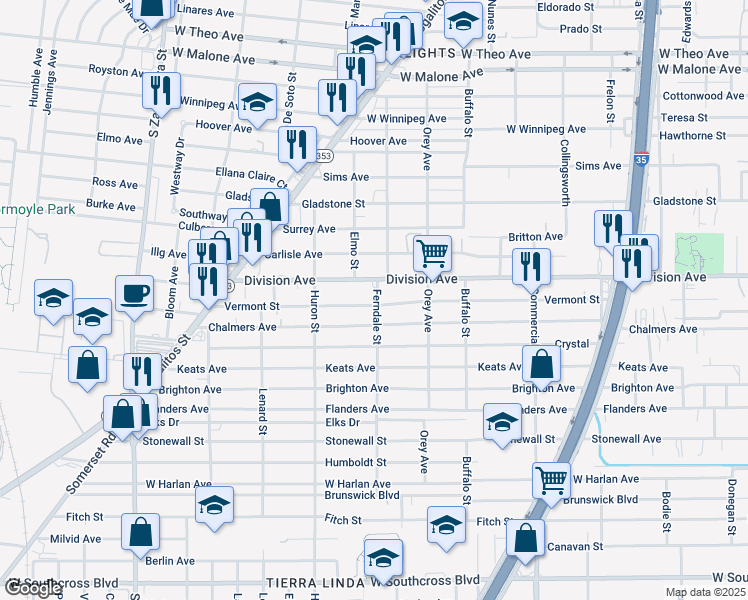 map of restaurants, bars, coffee shops, grocery stores, and more near 1130 Division Avenue in San Antonio