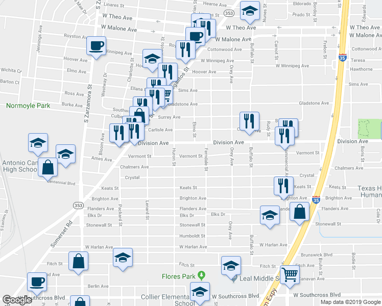 map of restaurants, bars, coffee shops, grocery stores, and more near 1130 Division Avenue in San Antonio