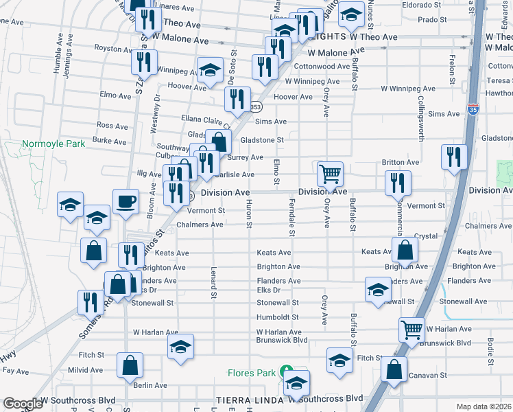 map of restaurants, bars, coffee shops, grocery stores, and more near 1230 Division Avenue in San Antonio