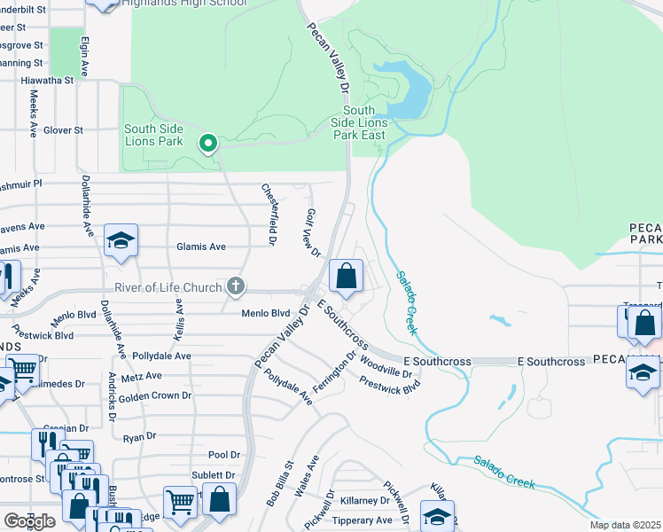 map of restaurants, bars, coffee shops, grocery stores, and more near 4600 Pecan Valley Drive in San Antonio