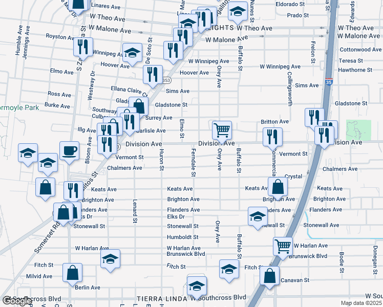 map of restaurants, bars, coffee shops, grocery stores, and more near 1130 Division Avenue in San Antonio