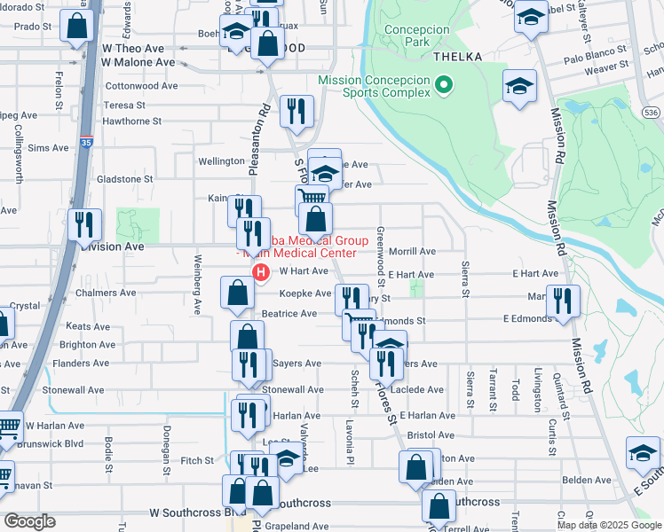 map of restaurants, bars, coffee shops, grocery stores, and more near 4707 South Flores Street in San Antonio
