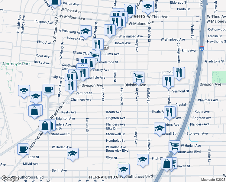 map of restaurants, bars, coffee shops, grocery stores, and more near 1130 Division Avenue in San Antonio