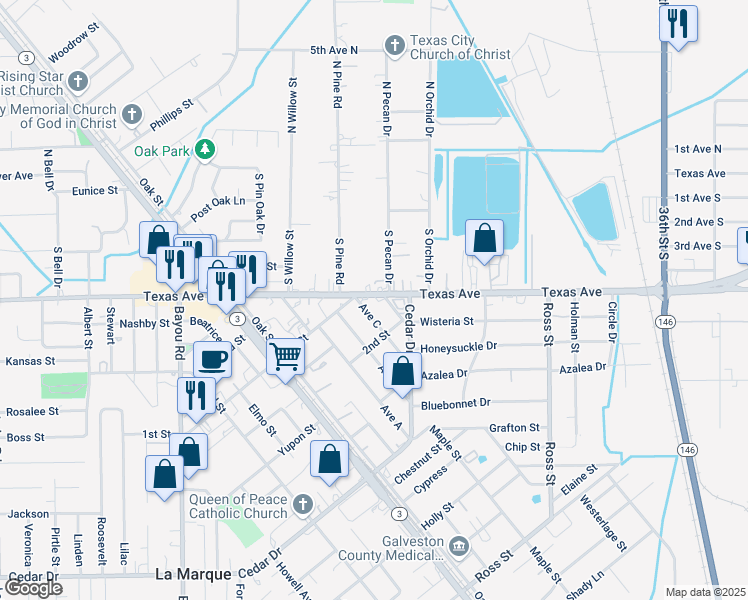 map of restaurants, bars, coffee shops, grocery stores, and more near 707 Texas Avenue in La Marque