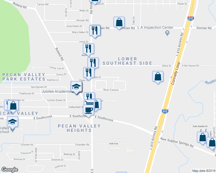 map of restaurants, bars, coffee shops, grocery stores, and more near 4623 River Post in San Antonio