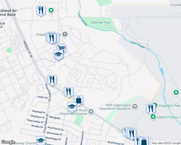 map of restaurants, bars, coffee shops, grocery stores, and more near 2254 Brian Mcelroy Drive in San Antonio