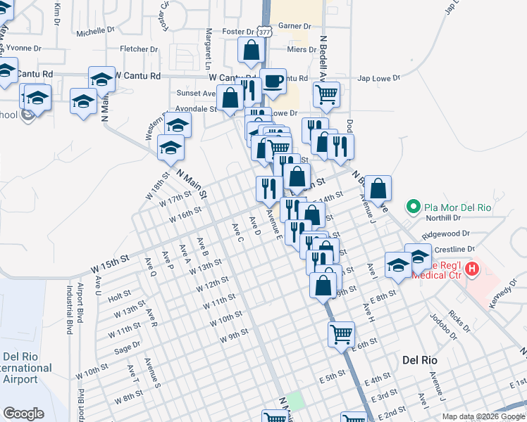 map of restaurants, bars, coffee shops, grocery stores, and more near 1603 Avenue East in Del Rio