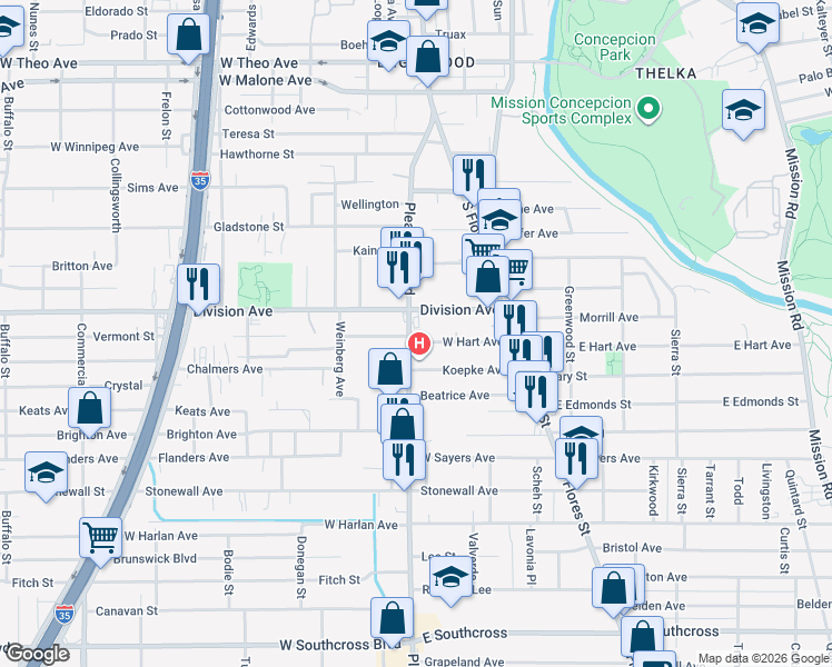 map of restaurants, bars, coffee shops, grocery stores, and more near 139 West Hart Avenue in San Antonio