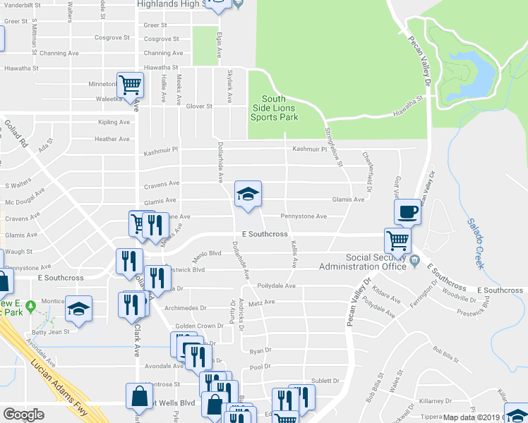 map of restaurants, bars, coffee shops, grocery stores, and more near 703 Pennystone Avenue in San Antonio