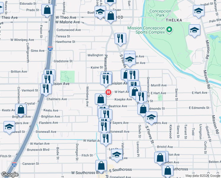 map of restaurants, bars, coffee shops, grocery stores, and more near 139 West Hart Avenue in San Antonio