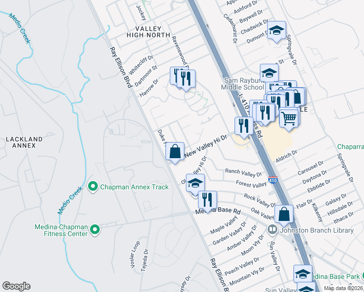 map of restaurants, bars, coffee shops, grocery stores, and more near 5422 Dannelly Field in San Antonio