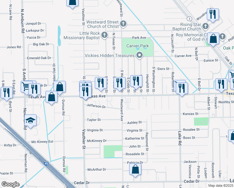 map of restaurants, bars, coffee shops, grocery stores, and more near 7002 Farm to Market Road 1765 in Texas City