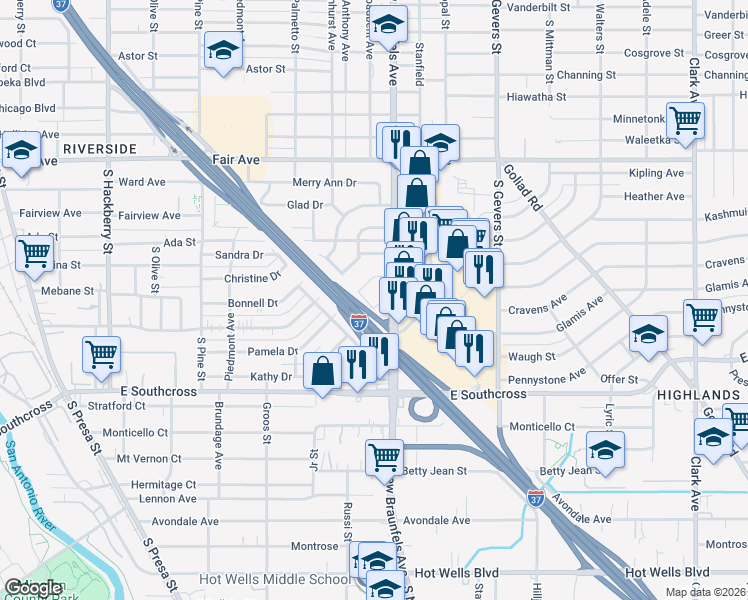 map of restaurants, bars, coffee shops, grocery stores, and more near 255 Maurine Drive in San Antonio