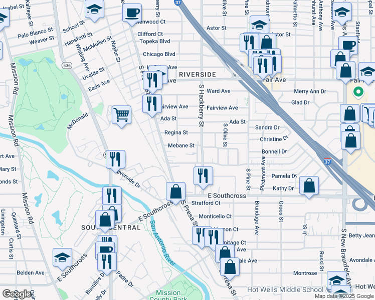 map of restaurants, bars, coffee shops, grocery stores, and more near 120 Mebane Street in San Antonio