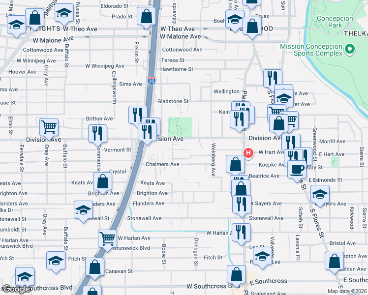 map of restaurants, bars, coffee shops, grocery stores, and more near 411 West Hart Avenue in San Antonio