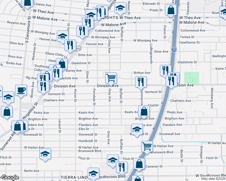 map of restaurants, bars, coffee shops, grocery stores, and more near 1035 Vermont Street in San Antonio