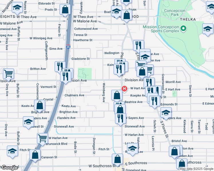map of restaurants, bars, coffee shops, grocery stores, and more near 227 West Hart Avenue in San Antonio