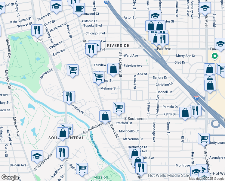map of restaurants, bars, coffee shops, grocery stores, and more near 120 Mebane Street in San Antonio