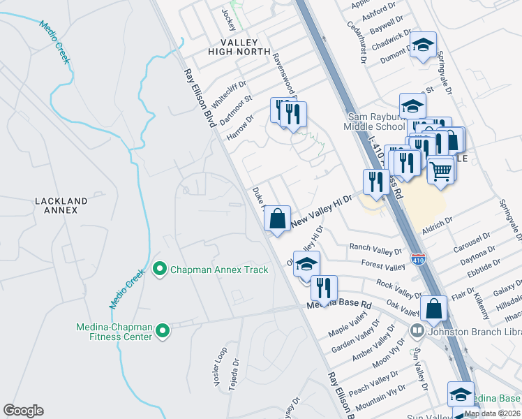 map of restaurants, bars, coffee shops, grocery stores, and more near 5407 Duke Field in San Antonio
