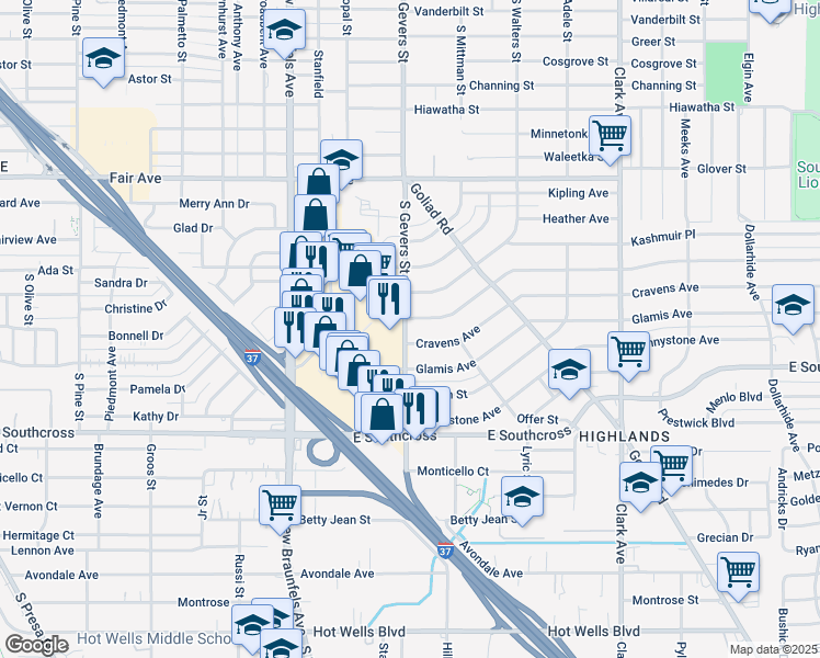 map of restaurants, bars, coffee shops, grocery stores, and more near 4142 South Gevers Street in San Antonio