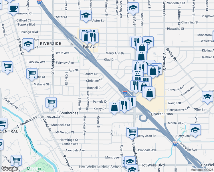 map of restaurants, bars, coffee shops, grocery stores, and more near 247 Bonnell Drive in San Antonio