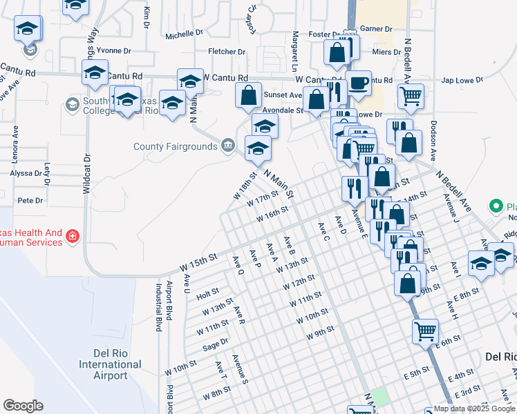 map of restaurants, bars, coffee shops, grocery stores, and more near 1807 Avenue A in Del Rio
