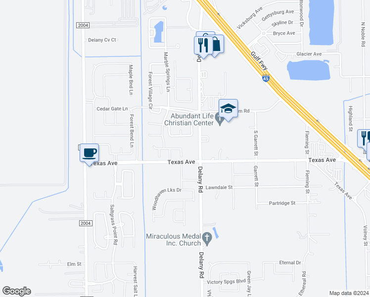 map of restaurants, bars, coffee shops, grocery stores, and more near 105 Dellwood Court in La Marque