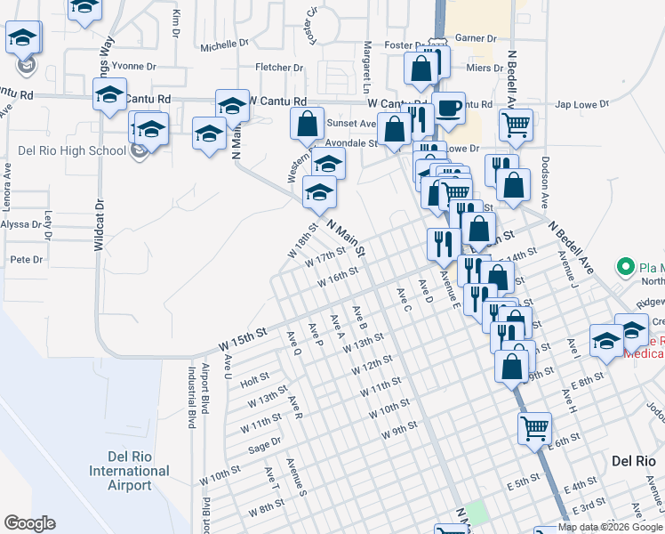 map of restaurants, bars, coffee shops, grocery stores, and more near 1807 Ave A in Del Rio